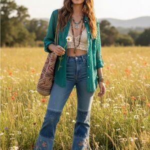 Teal Button-Up Shirt with Blue Flared Jeans